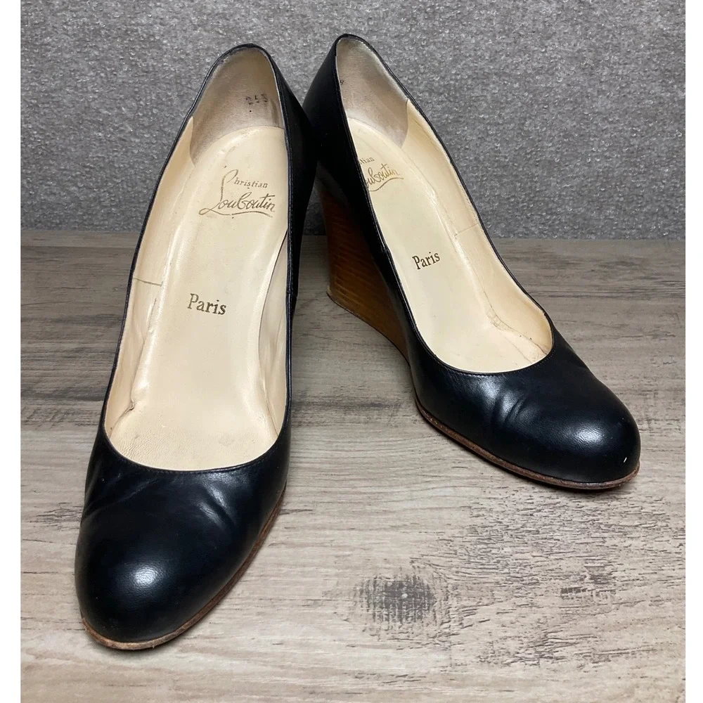 Christian Louboutin Black Leather Round Toe Wood Wedge Heel Pumps Red Sole 38